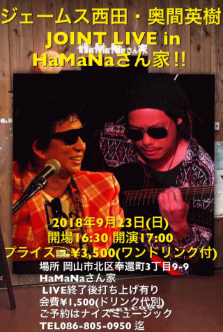 ジェームス西田・奥間英樹 JOINT LIVE in HaMaNaさん家 チラシ